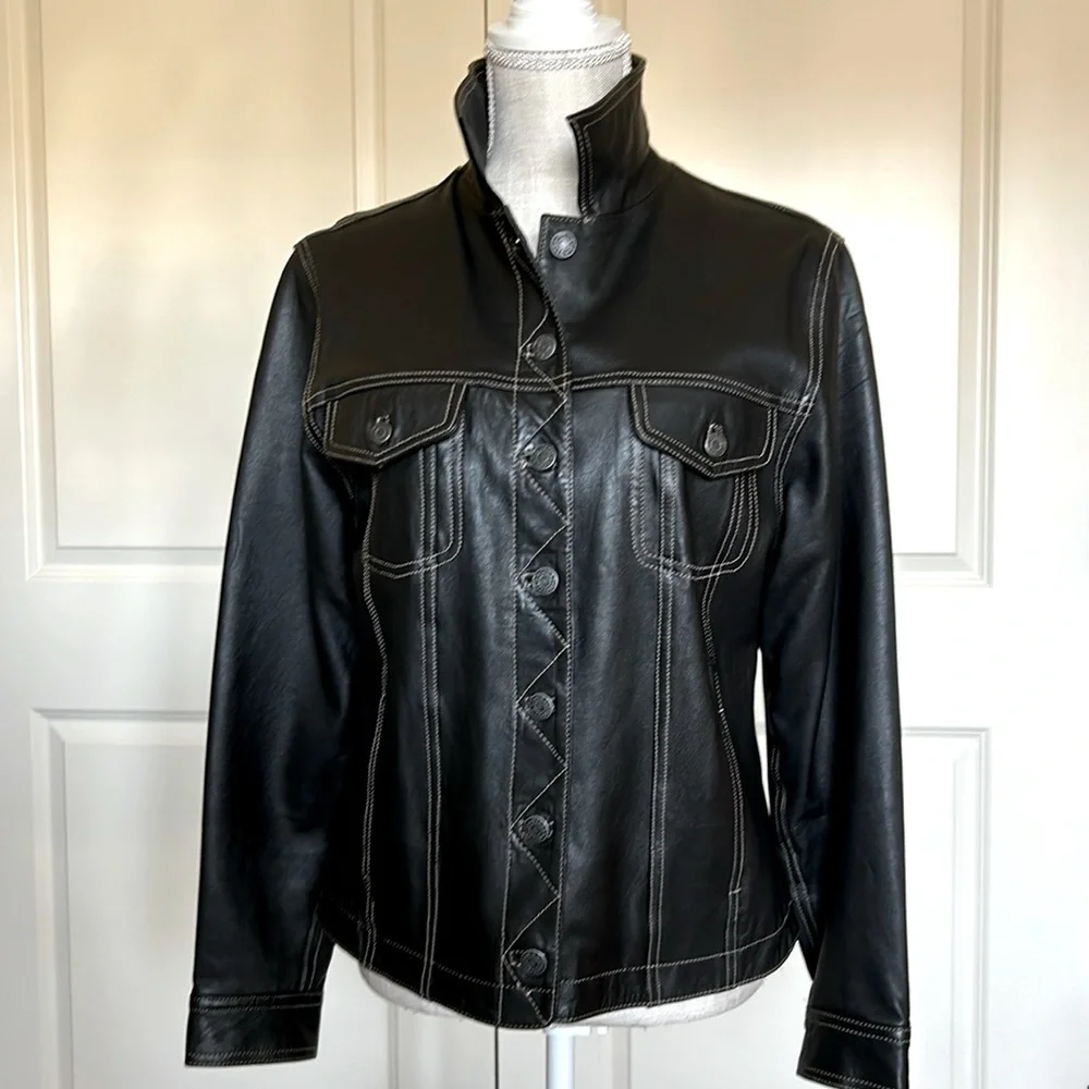 Black Leather Jean jacket (M) - Picture 2 of 9